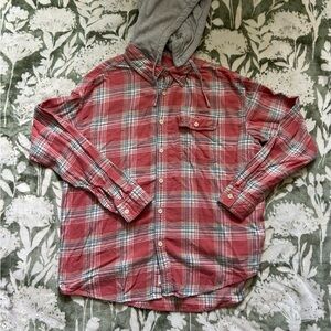 American Eagle Outfitters Hooded Pinkish-Red and Gray Plaid Casual Shirt